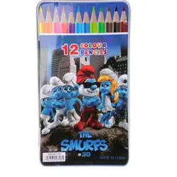 Цветни моливи в метална кутия с картинка The Smurfs